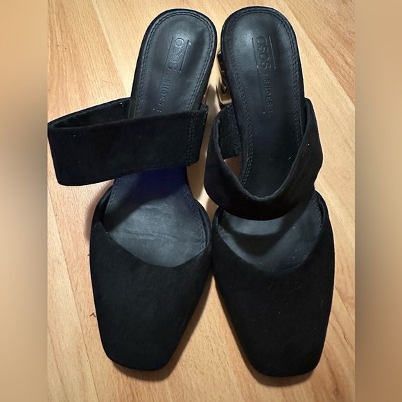 ASOS Women’s Black Suede Square Toe Mules Chrome Heel Shoes Size 8 (US) - Picture 2 of 7